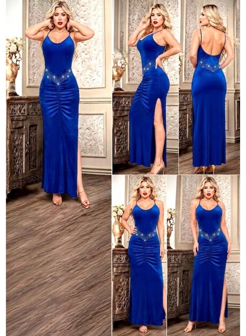Elegant Velvet Evening Gown for Women Fitted Bodycon Maxi Dress with Spaghetti Straps Sweetheart Neck Side Slit Rhinestone Waist Detail Soft Stretch Party Dress for Weddings Proms Evening Parties Formal Events Up to 65 KG - Image 3