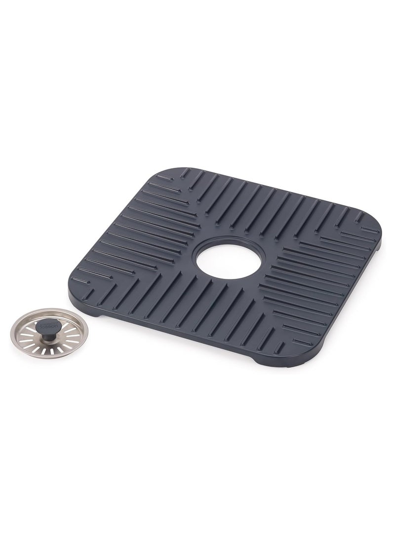 Sink Mat with Removable Drain Stopper, Non-Slip, Fast Draining, Regular, Gray