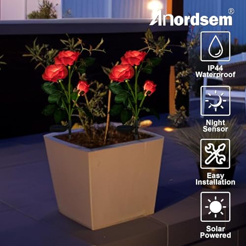 BeFunky Solar Garden Lights Outdoor Decor for Yard LED Flowers Lamp Pathway Patio Waterproof Decorations, Roses Solar Powered Decorative Path/Landscape Lighting (Pack of 2) Red - Image 3