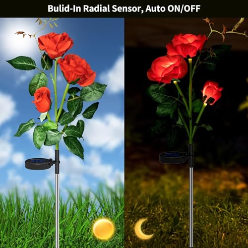 BeFunky Solar Garden Lights Outdoor Decor for Yard LED Flowers Lamp Pathway Patio Waterproof Decorations, Roses Solar Powered Decorative Path/Landscape Lighting (Pack of 2) Red - Image 5