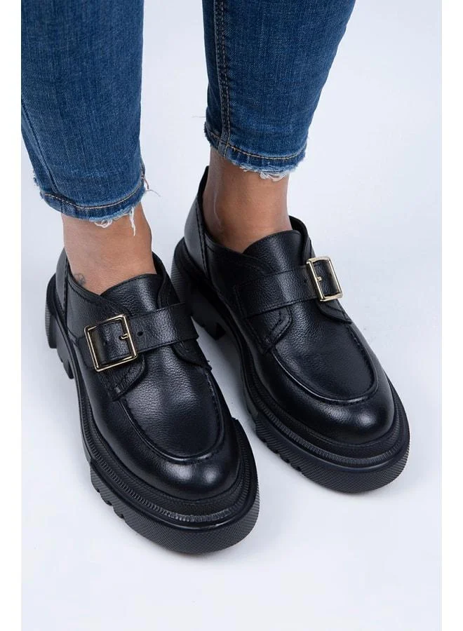 Gloria Women's Genuine Leather Loafer with Belted Buckle, Black Shoes.