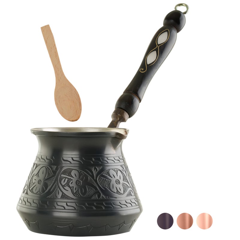 BCS 12 Oz Copper Turkish Greek Arabic Coffee Pot with Wooden Handle 4 servings Cezve Ibrik Briki Stovetop Coffee Maker Includes Wooden Spoon