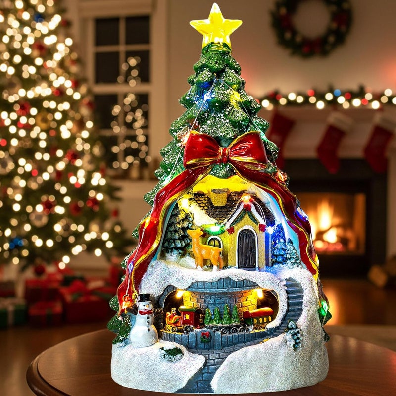 ZQQLITE Animated Collection Figurines Musical Christmas Tree Spinning Train Deer Snowman with Rotating Train, Lighted Christmas Collection Figurines for Home Tabletop Decorations Ornaments Gifts - Image 1