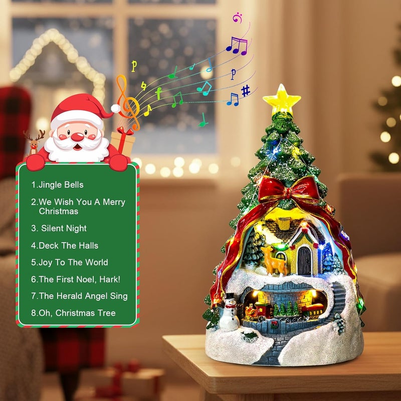ZQQLITE Animated Collection Figurines Musical Christmas Tree Spinning Train Deer Snowman with Rotating Train, Lighted Christmas Collection Figurines for Home Tabletop Decorations Ornaments Gifts - Image 3