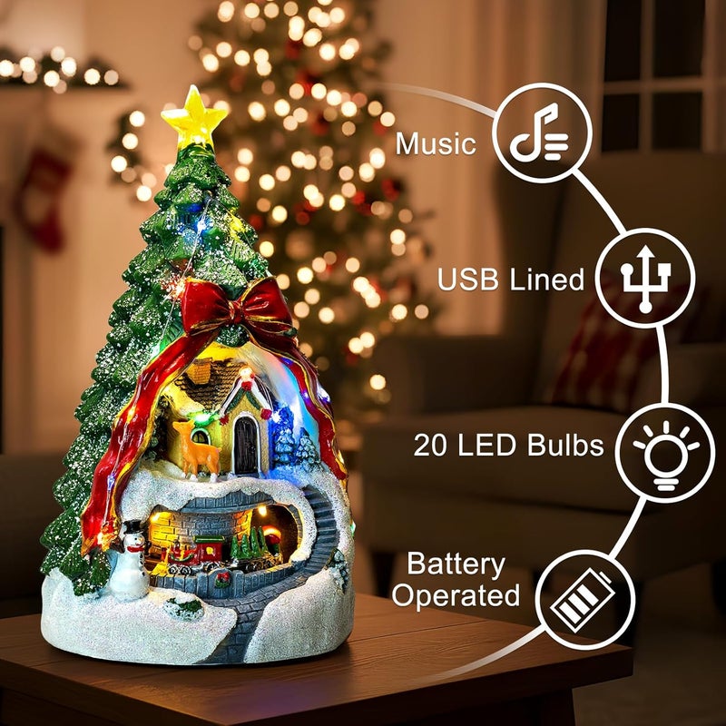ZQQLITE Animated Collection Figurines Musical Christmas Tree Spinning Train Deer Snowman with Rotating Train, Lighted Christmas Collection Figurines for Home Tabletop Decorations Ornaments Gifts - Image 2