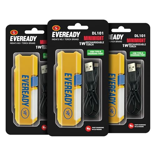 Eveready DL 101 Minimight, 1W Rechargeable LED Emergency Torch + 2W Sidelight, Pocket-Friendly Hexagonal Design, Hands-Free Clip, Type B/Micro USB Charging, Pack of 3 - Image 1
