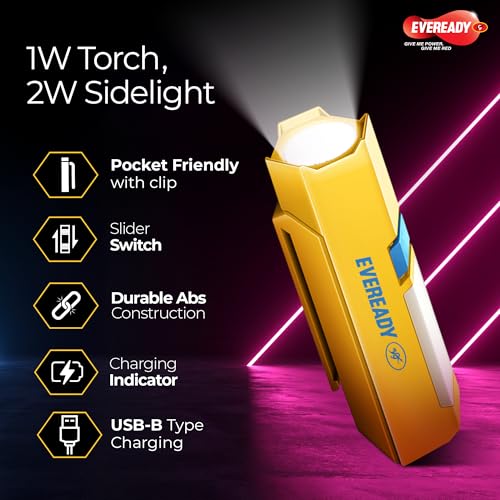 Eveready DL 101 Minimight, 1W Rechargeable LED Emergency Torch + 2W Sidelight, Pocket-Friendly Hexagonal Design, Hands-Free Clip, Type B/Micro USB Charging, Pack of 3 - Image 3