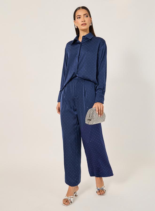 ستايلي طقم قميص فضفاض مزين وبنطلون واسع الأرجل - Image 1