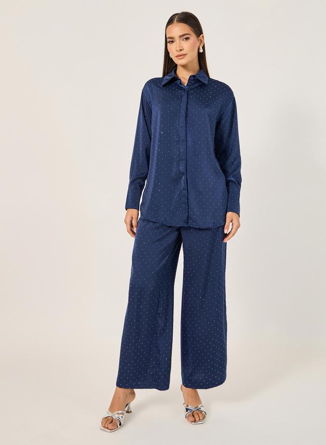 ستايلي طقم قميص فضفاض مزين وبنطلون واسع الأرجل - Image 2