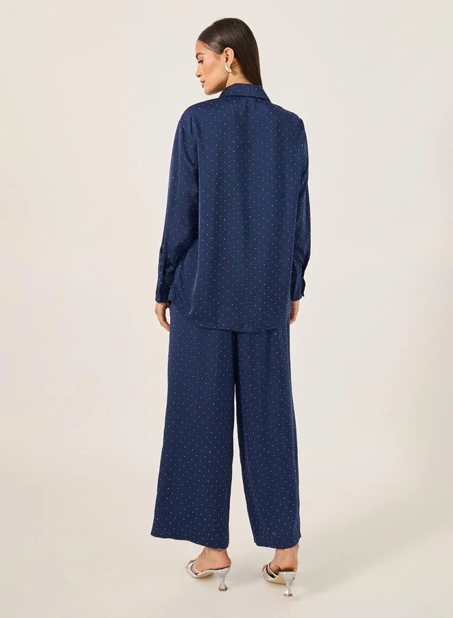 Styli Oversized Embellished Shirt and Wide Leg Pants Co-Ords