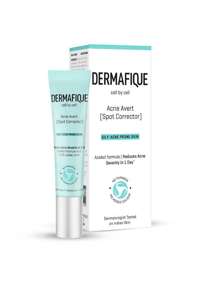 Dermafique Acne Avert Spot Corrector 10ml, 2.5% Azelaic Acid, Oily/Acne Prone/Dry/Sensitive Skin, Dermat Tested on Indian Skin, Reduces Acne Severity in 1 Day*, Anti-Acne Treatment for Women & Men - Image 1