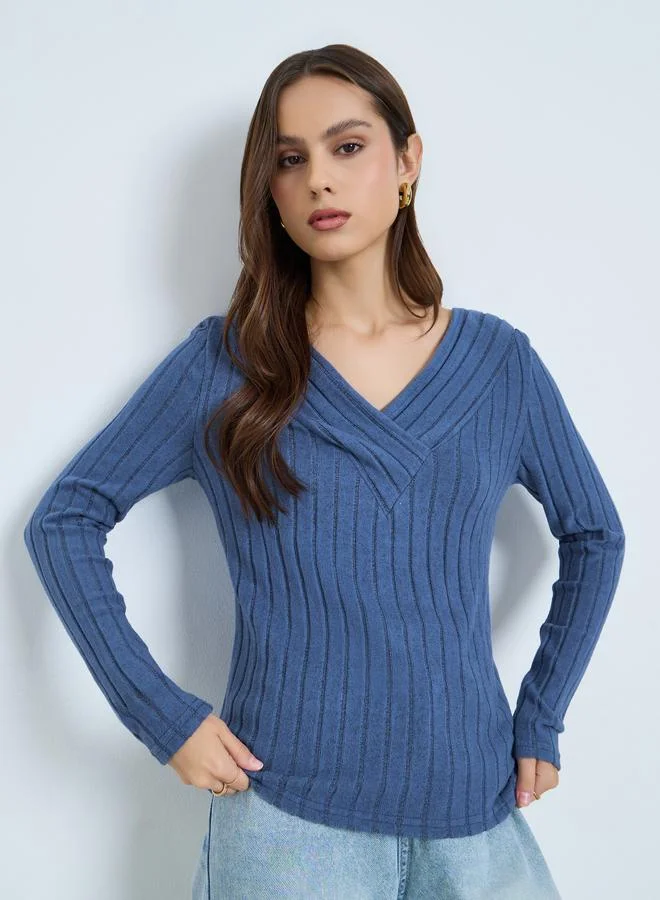 Take Two Women Blue V-Neck Long Sleeve Ribbed Top