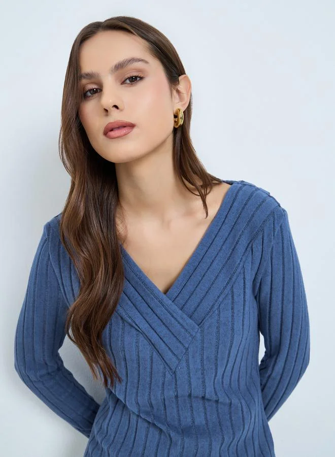 Take Two Women Blue V-Neck Long Sleeve Ribbed Top