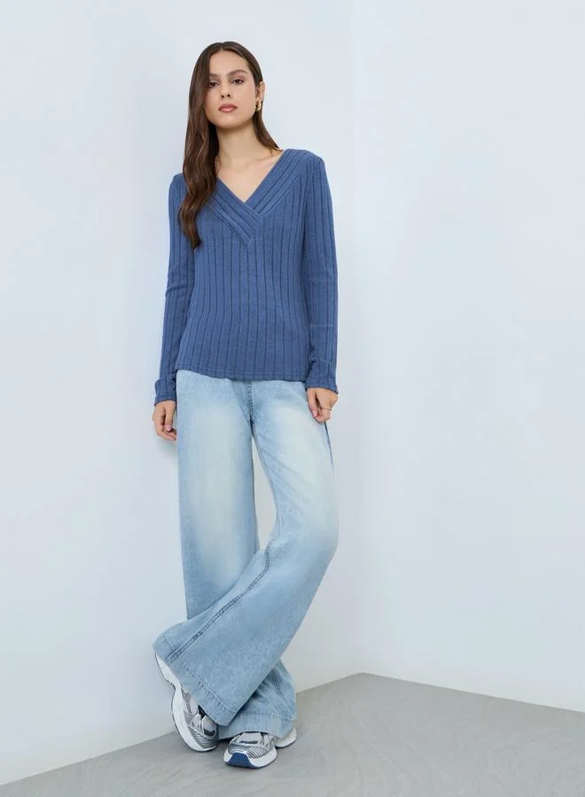 Take Two Women Blue V-Neck Long Sleeve Ribbed Top