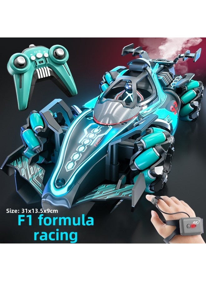 F1 Equation Stunt Remote Control Car Gesture Induction Four-wheel Drive Drift Spray Charging Electric Children Boy Toy Cross-border-Color: Black And Blue-spray-square Racing-Scale:Three Sets Of Batteries - Image 1