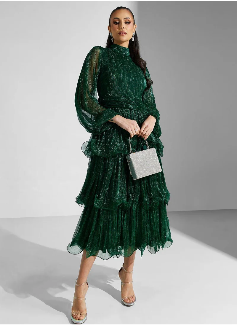 Golden Apple Puff Sleeve Ruffle Dress