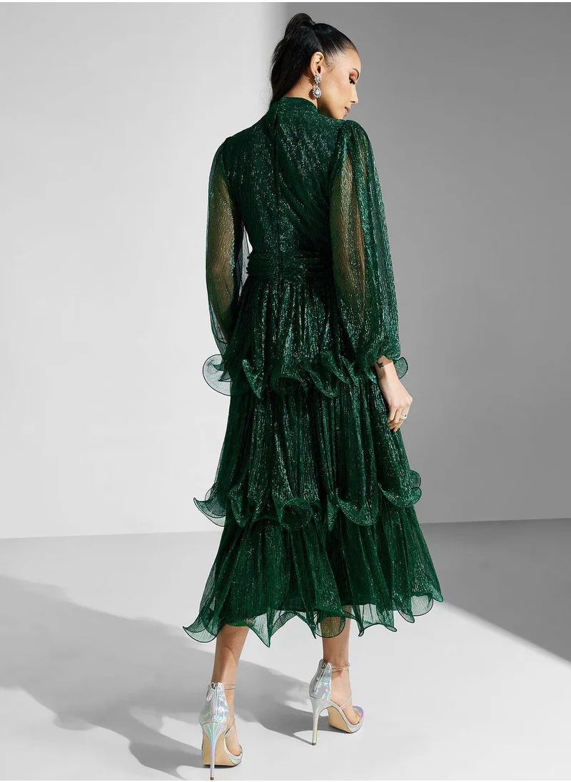 Golden Apple Puff Sleeve Ruffle Dress