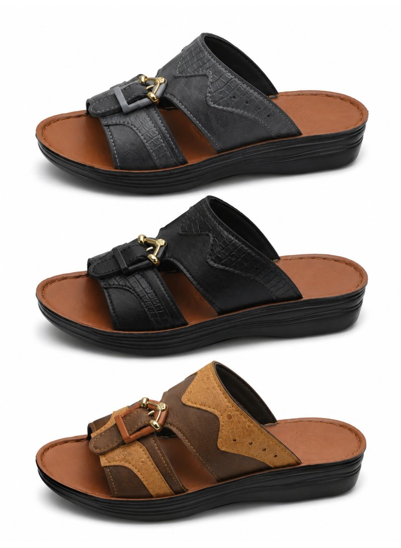 Men’s Open Toe Slide Sandals, Textured Faux Leather Slip-On Slippers with Metal Buckle Detail, Soft Brown Footbed, Thick Lightweight Sole, Casual Indoor Outdoor Sandals for Daily Wear - Image 1