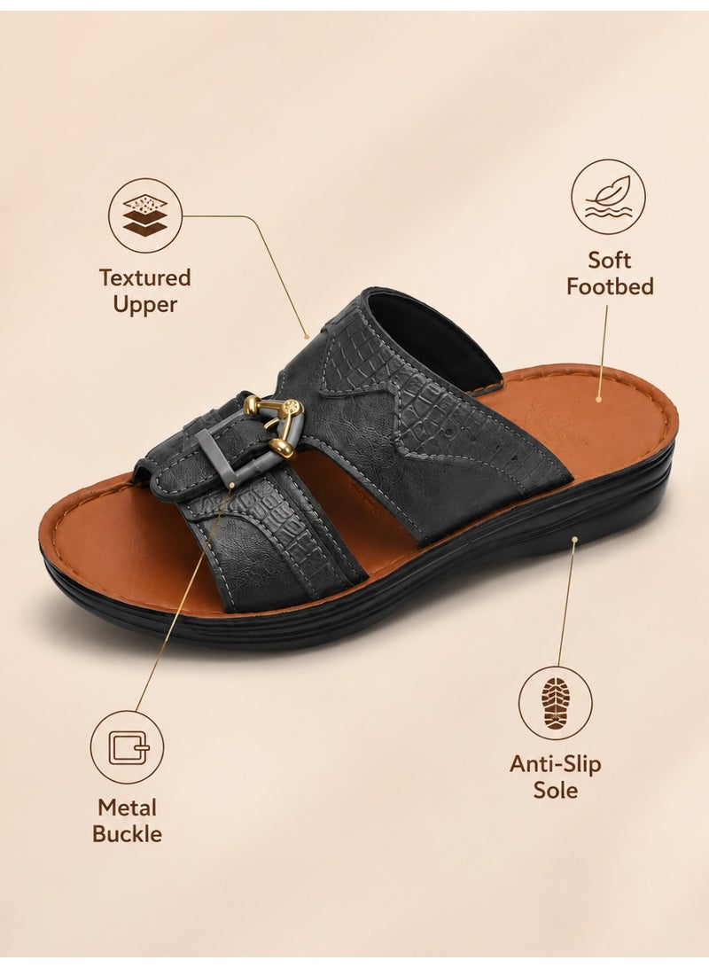 Men’s Open Toe Slide Sandals, Textured Faux Leather Slip-On Slippers with Metal Buckle Detail, Soft Brown Footbed, Thick Lightweight Sole, Casual Indoor Outdoor Sandals for Daily Wear - Image 3