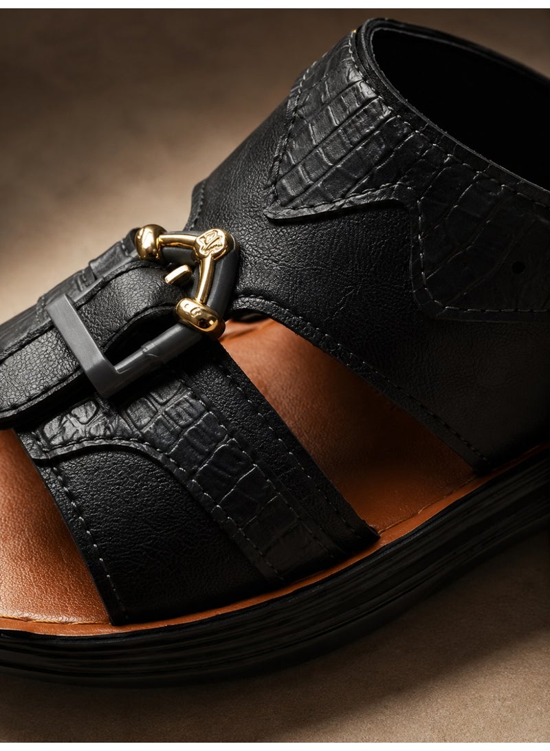 Men’s Open Toe Slide Sandals, Textured Faux Leather Slip-On Slippers with Metal Buckle Detail, Soft Brown Footbed, Thick Lightweight Sole, Casual Indoor Outdoor Sandals for Daily Wear - Image 4