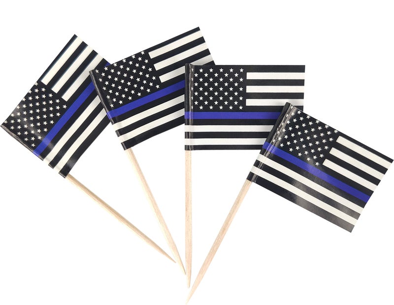QQSD Thin Blue Line American Police Toothpick Flag Small Mini Cupcake Topper Flags, 100 pcs - Image 1