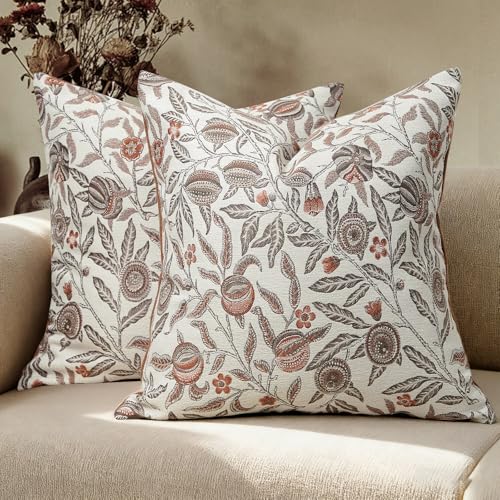 makkey Brown Floral Pillow Covers 20x20 Set of 2 Vintage Throw Pillow Cover Jacquard Pillow Covers for Sofa Bed Living Room Home Decor - Image 1