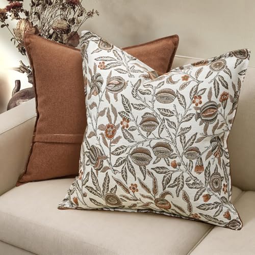 makkey Brown Floral Pillow Covers 20x20 Set of 2 Vintage Throw Pillow Cover Jacquard Pillow Covers for Sofa Bed Living Room Home Decor - Image 2
