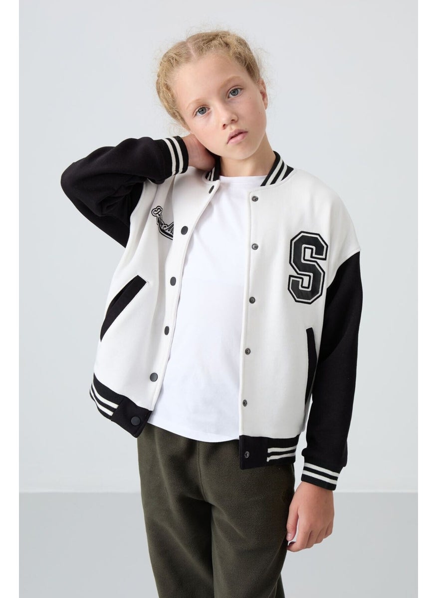 Tommy Life - Ecru Cotton Fluffy Soft Texture Standard Fit Embroidered Girls College Jacket - 75163 - Image 1