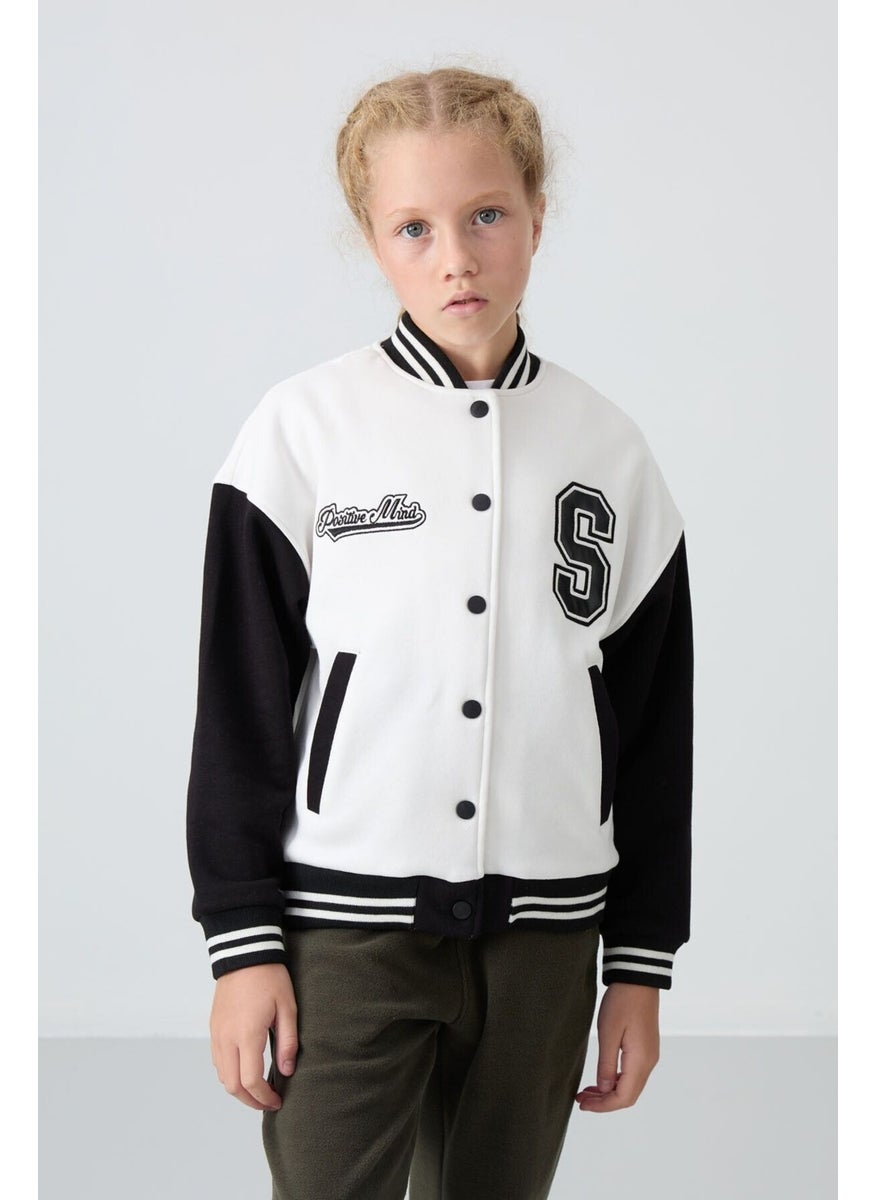 Tommy Life - Ecru Cotton Fluffy Soft Texture Standard Fit Embroidered Girls College Jacket - 75163 - Image 1