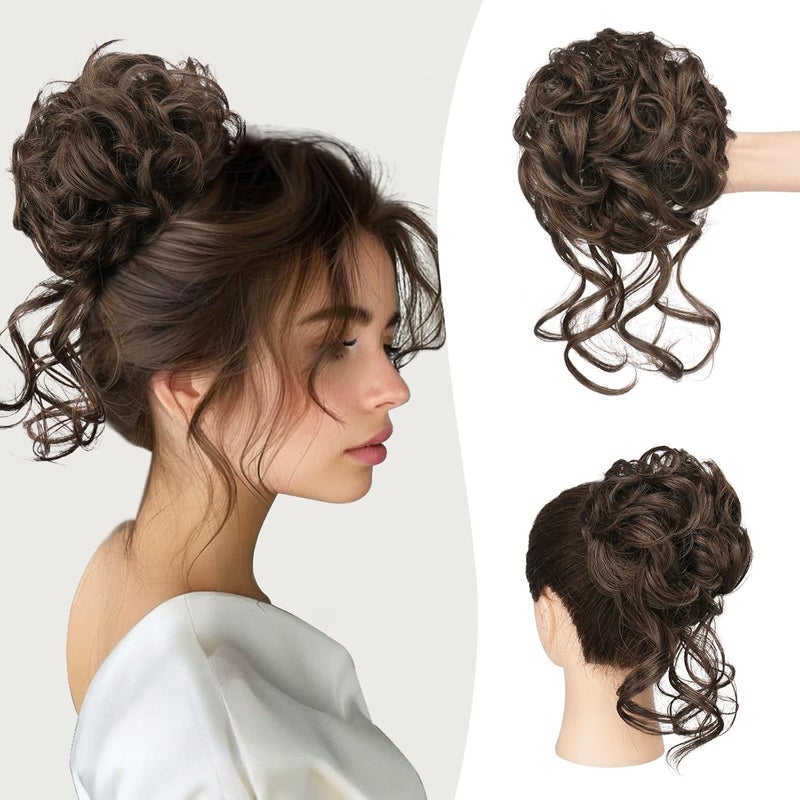 SOFEIYAN Messy Bun Hair Piece Curly Wavy Hair Bun Extensions Synthetic Tousled Updo with Tendrils Hairpieces Bun Donut Accessories Scrunchies for Women, Brown Mix Light Auburn - Image 1