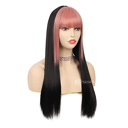 Tseses Pink and Black Long Straight Wigs with Bangs for Women Two Tone Synthetic Wig for Daily Cosplay Halloween Party Use - Image 4