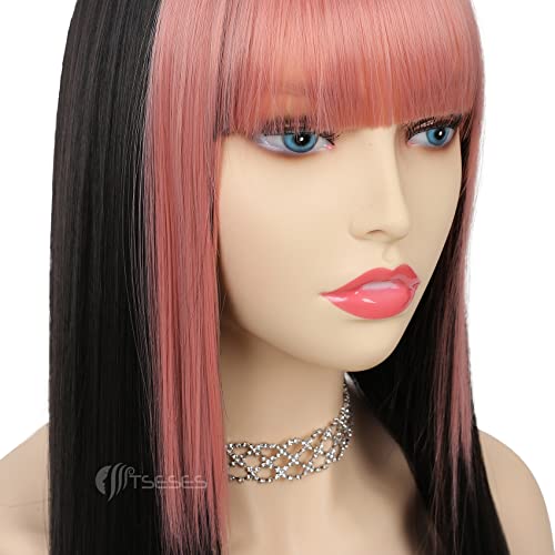 Tseses Pink and Black Long Straight Wigs with Bangs for Women Two Tone Synthetic Wig for Daily Cosplay Halloween Party Use - Image 5