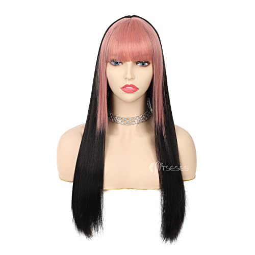 Tseses Pink and Black Long Straight Wigs with Bangs for Women Two Tone Synthetic Wig for Daily Cosplay Halloween Party Use - Image 2