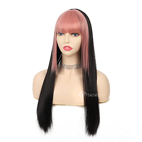 Tseses Pink and Black Long Straight Wigs with Bangs for Women Two Tone Synthetic Wig for Daily Cosplay Halloween Party Use - Image 3