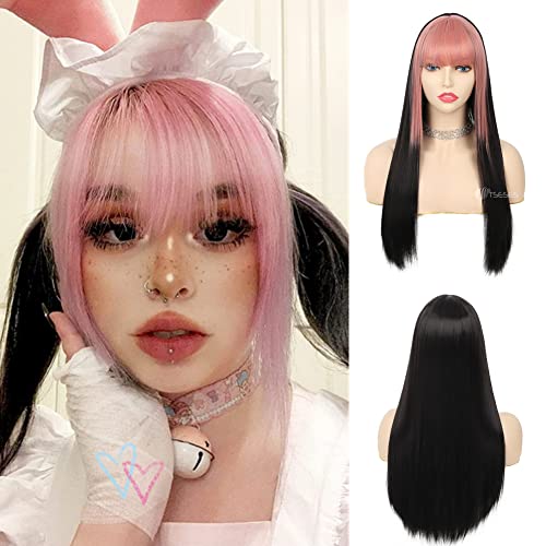 Tseses Pink and Black Long Straight Wigs with Bangs for Women Two Tone Synthetic Wig for Daily Cosplay Halloween Party Use - Image 1