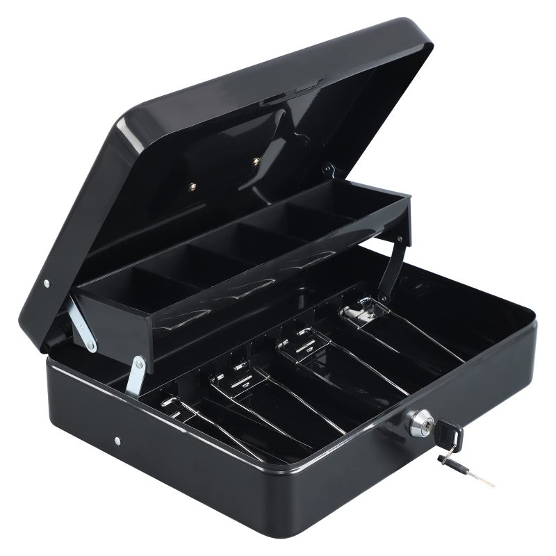 xydled Cash Box with Money Tray and Key Lock,Tiered, Cantilever Design,4 Bill / 5 Coin Slots,11.8" x 9.5" x 3.5",Black - Image 2