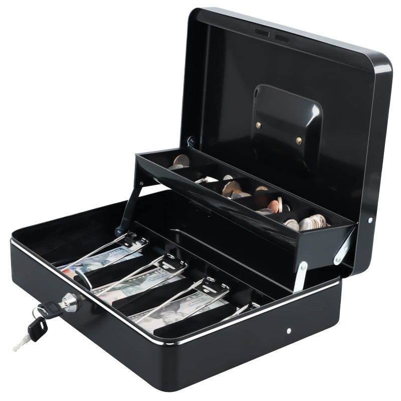 xydled Cash Box with Money Tray and Key Lock,Tiered, Cantilever Design,4 Bill / 5 Coin Slots,11.8" x 9.5" x 3.5",Black - Image 1