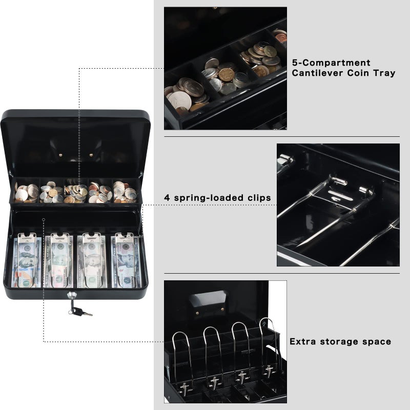 xydled Cash Box with Money Tray and Key Lock,Tiered, Cantilever Design,4 Bill / 5 Coin Slots,11.8" x 9.5" x 3.5",Black - Image 4