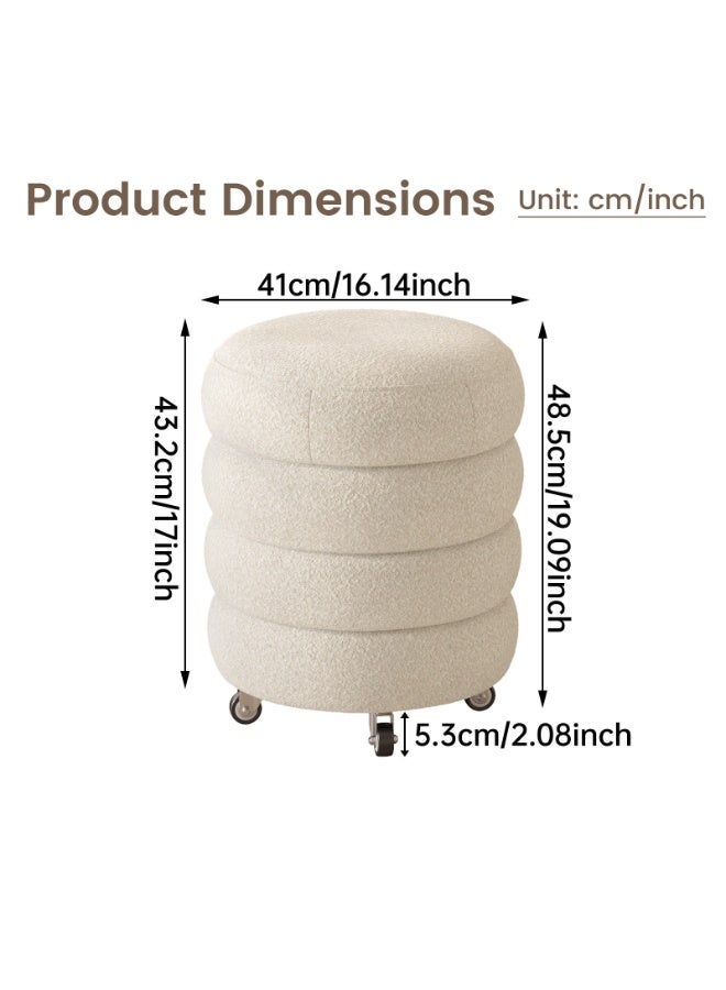 مقعد زينة Vanity Stool مبطن بقماش بوليستر، مقعد مكياج متحرك مع عجلات ودوران 360°، Rolling Vanity Stool لغرفة النوم وطاولة الزينة، 41×41×48.5 سم، لون أبيض كريمي - Image 2