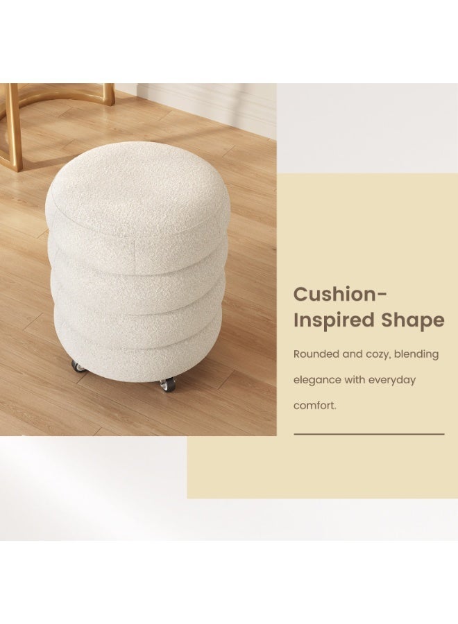 مقعد زينة Vanity Stool مبطن بقماش بوليستر، مقعد مكياج متحرك مع عجلات ودوران 360°، Rolling Vanity Stool لغرفة النوم وطاولة الزينة، 41×41×48.5 سم، لون أبيض كريمي - Image 4