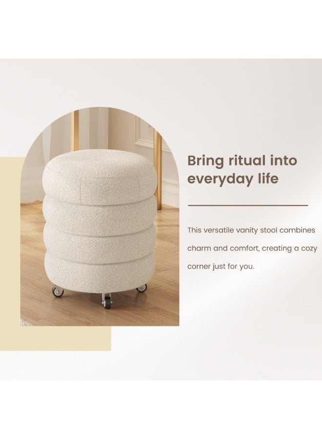 مقعد زينة Vanity Stool مبطن بقماش بوليستر، مقعد مكياج متحرك مع عجلات ودوران 360°، Rolling Vanity Stool لغرفة النوم وطاولة الزينة، 41×41×48.5 سم، لون أبيض كريمي - Image 3