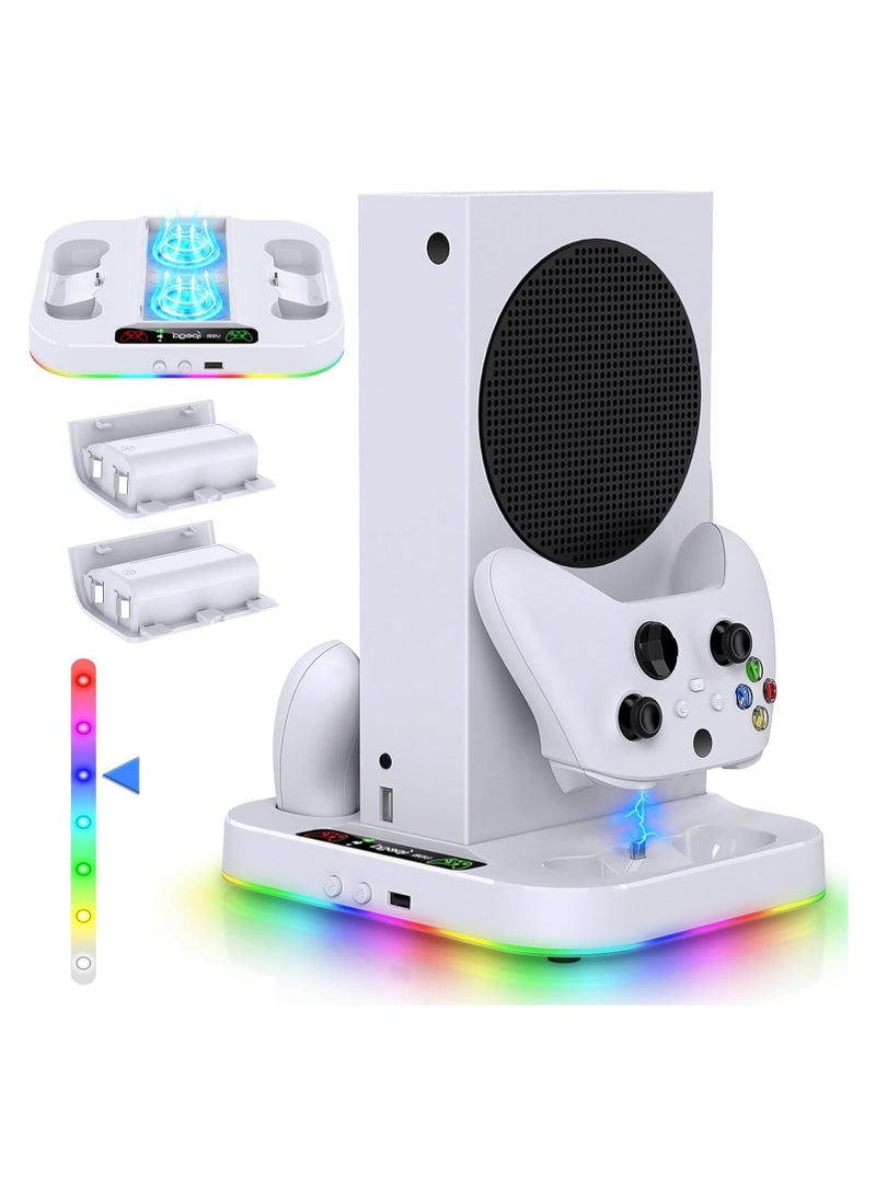 general Xbox Series S Cooling Fan Stand with RGB Light Strip, Upgraded Dual Controllers, Charging Dock Accessories, Includes 2 x 1400mAh Rechargeable Battery Packs, Headset Hook, and USB Port - Image 1