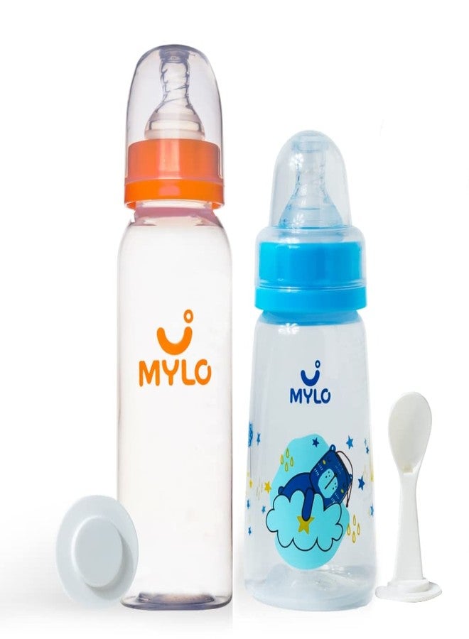 MYLO زجاجات رضاعة مايلو بيبي 2 في 1 مع ملعقة للأطفال حديثي الولادة (125 مل + 250 مل) | زجاجات رضاعة مضادة للمغص وخالية من مادة BPA | زجاجة رضاعة مريحة للأطفال | تصميم عنق سهل التدفق - دب + برتقال منعش - Image 1