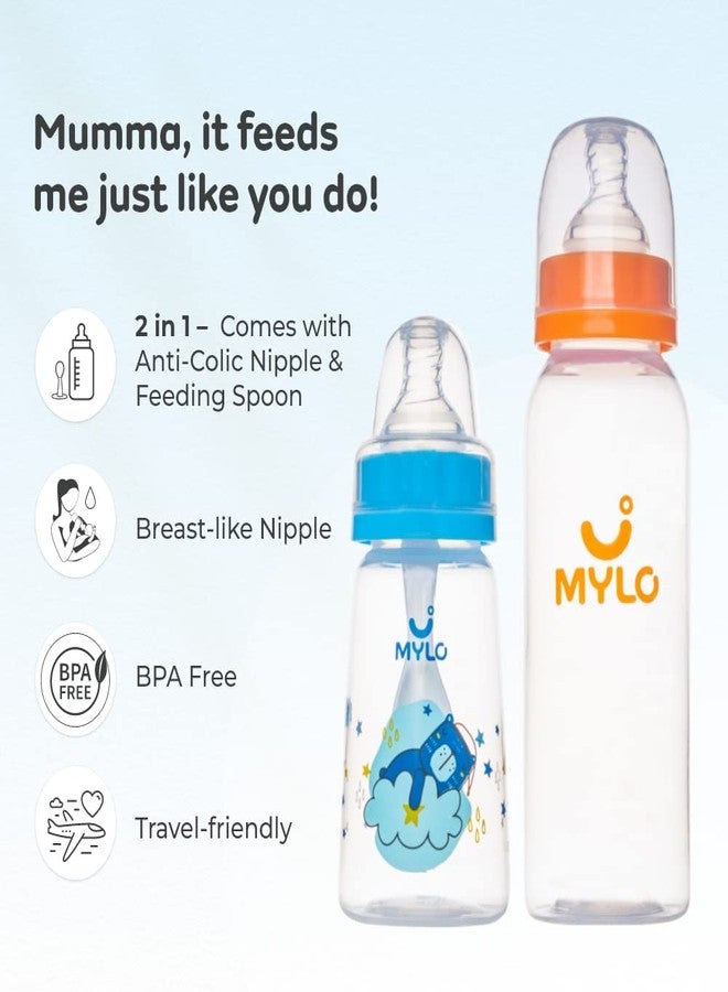 MYLO زجاجات رضاعة مايلو بيبي 2 في 1 مع ملعقة للأطفال حديثي الولادة (125 مل + 250 مل) | زجاجات رضاعة مضادة للمغص وخالية من مادة BPA | زجاجة رضاعة مريحة للأطفال | تصميم عنق سهل التدفق - دب + برتقال منعش - Image 2