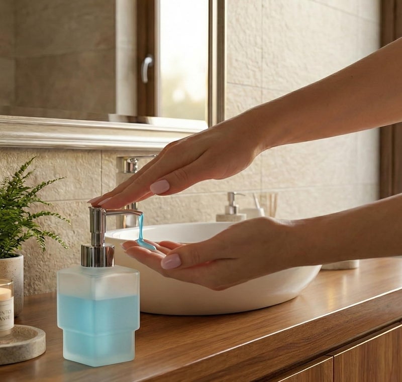 ORCE BATH ARTICLE Premium Frosted Glass Soap Dispenser with Chrome Pump – Square Refillable Liquid Hand Wash & Lotion Bottle for Bathroom, Kitchen Sink & Washbasin – Modern Countertop Organizer - Image 3