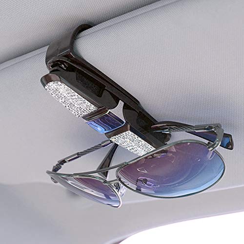 FineGood 2 Pack Glasses Holders for Car Sun Visor, Glasses Holder Clip with Rhinestones Crystal Fashion Biling Sunglass Eyeglass Mount Hanger-Sliver & Balck - Image 2