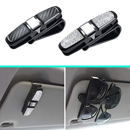 FineGood 2 Pack Glasses Holders for Car Sun Visor, Glasses Holder Clip with Rhinestones Crystal Fashion Biling Sunglass Eyeglass Mount Hanger-Sliver & Balck - Image 3