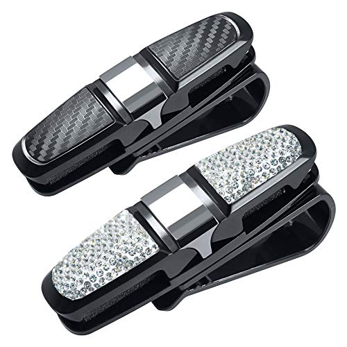 FineGood 2 Pack Glasses Holders for Car Sun Visor, Glasses Holder Clip with Rhinestones Crystal Fashion Biling Sunglass Eyeglass Mount Hanger-Sliver & Balck - Image 1