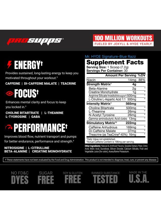 ProSupps - Mr. Hyde Signature Pre Workout with Creatine, Beta Alanine, TeaCrine and Caffeine for Sustained Energy, Focus Pumps - Endurance Energy Drink Men Women (Blue Razz, 30 Servings) - Image 1