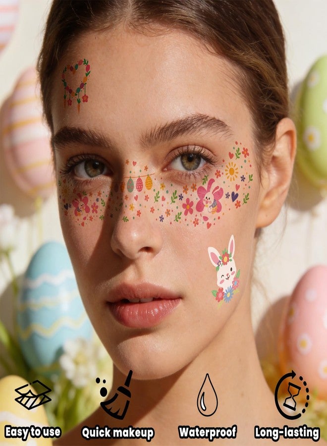 Metuu Easter Face Tattoos, 28 PCS Temporary Eye Makeup Tattoos with Rabbit, Colored Egg, Flower Designs, Waterproof Stickers for Adults and Kids Party Gift Favor Supplies (pink) - Image 2